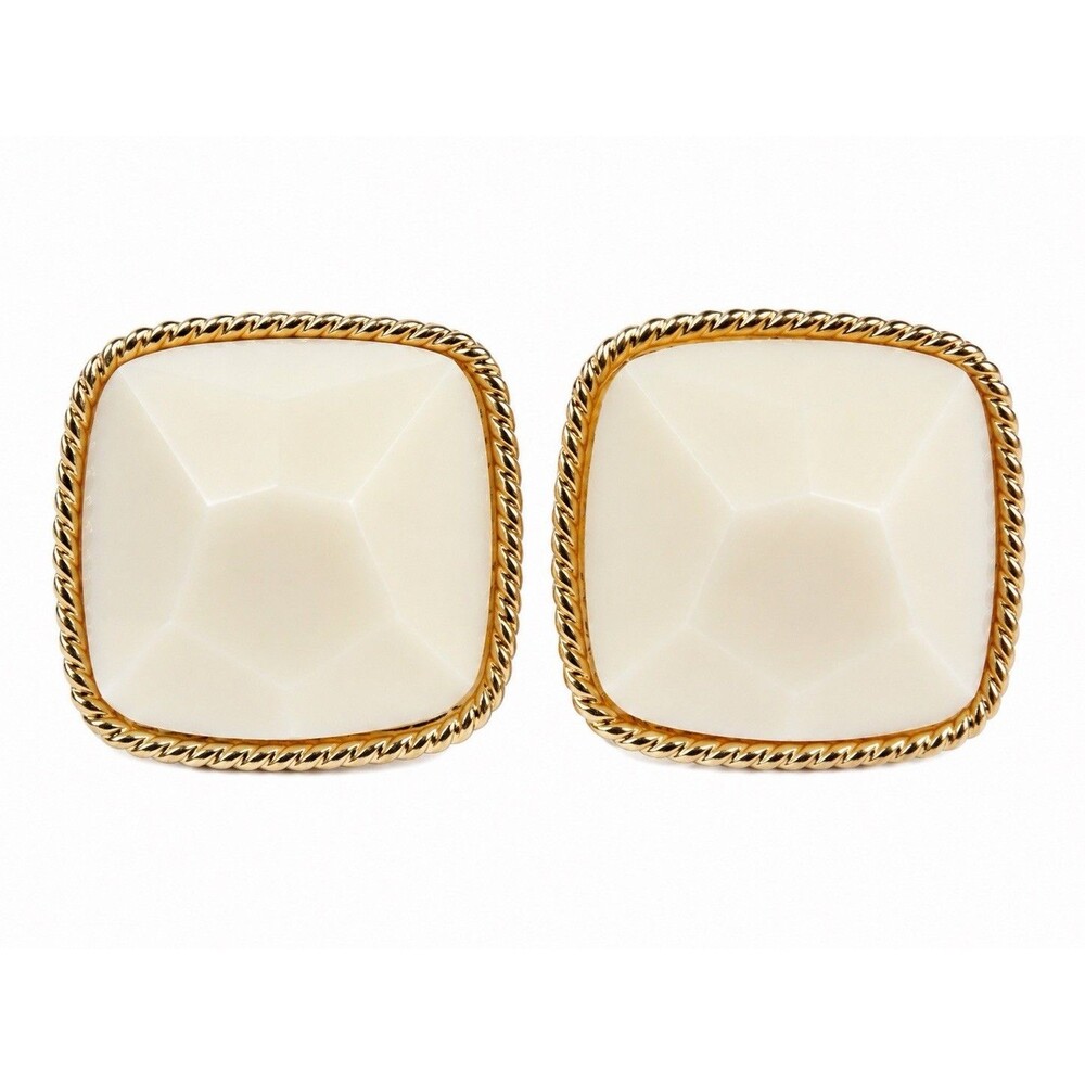 Vintage 80s Ivory Faceted Lucite Square Stud Earrings Gold Tone Rope Trim Retro